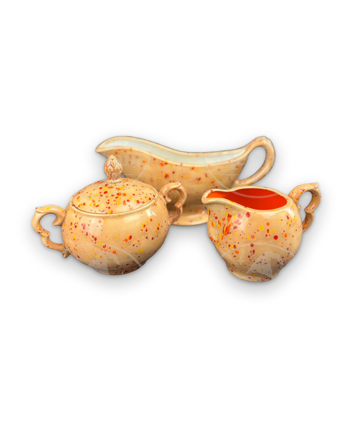 MCM Ceramic Splatter Glaze Gravy Boat, Sugar Bowl, and Creamer Set